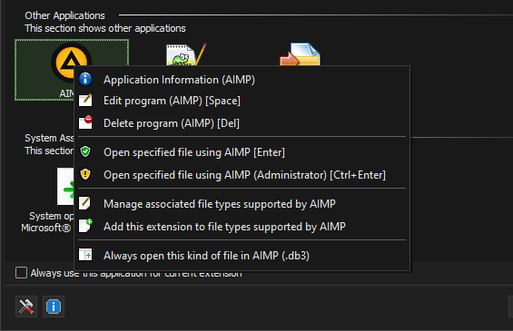 UFM Shell Manager - Application context menu